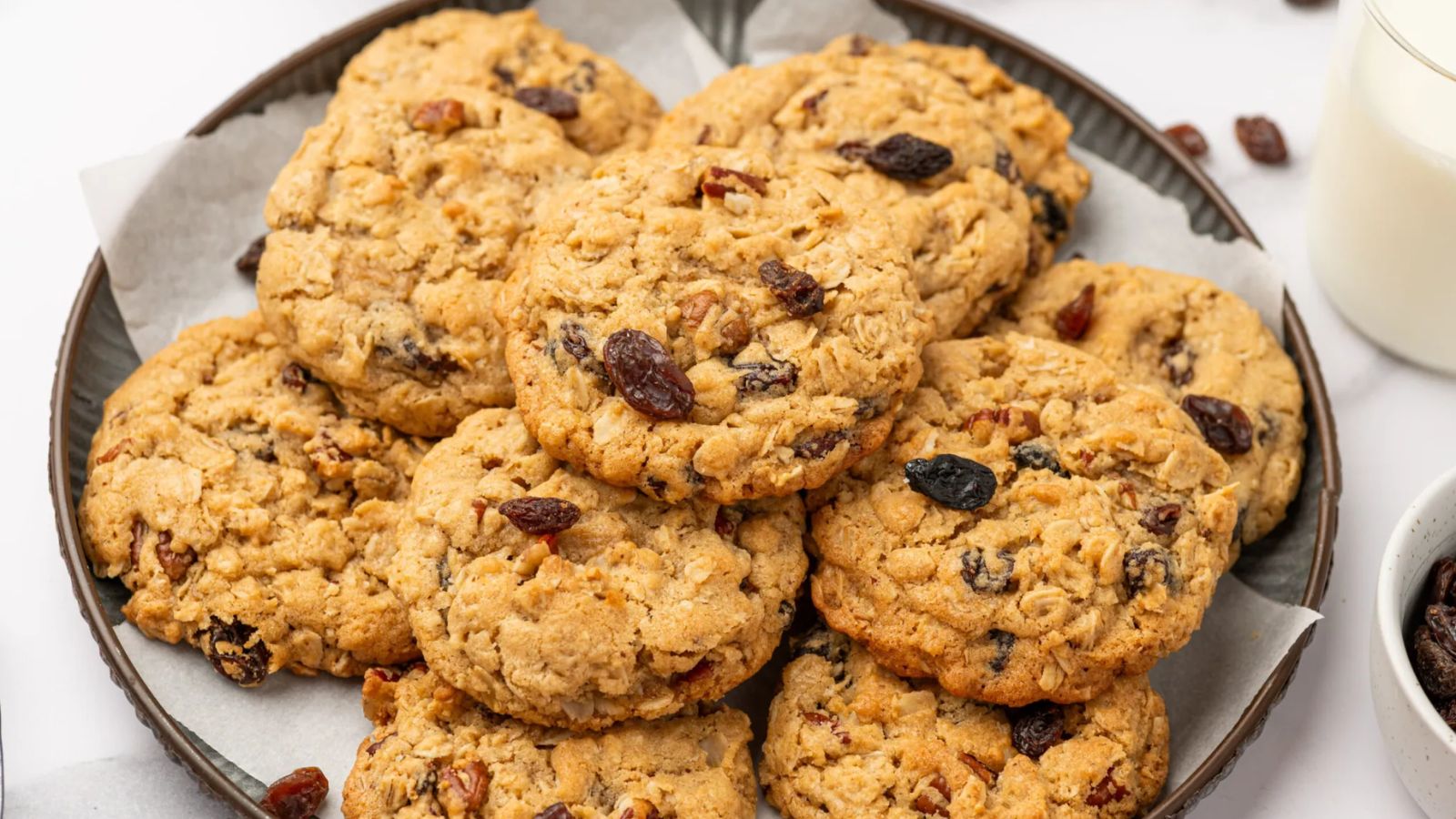 Oatmeal raisin cookies on a plate.