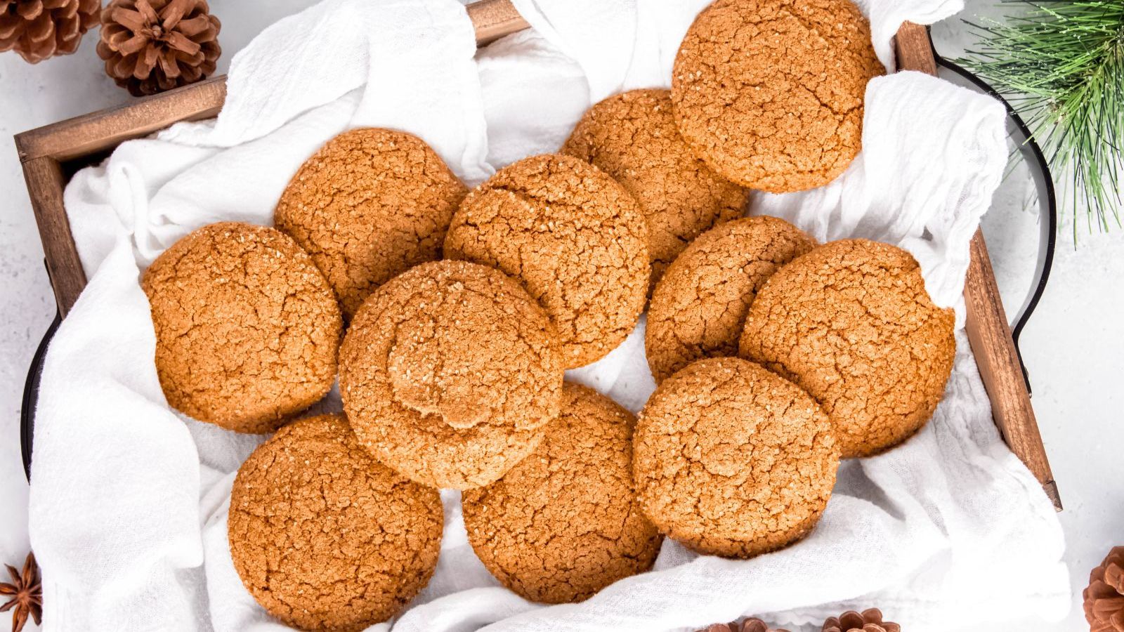 Molasses cookies on a white cloth.