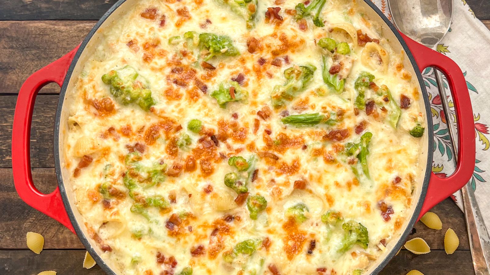 Chicken and broccoli casserole in a pot.