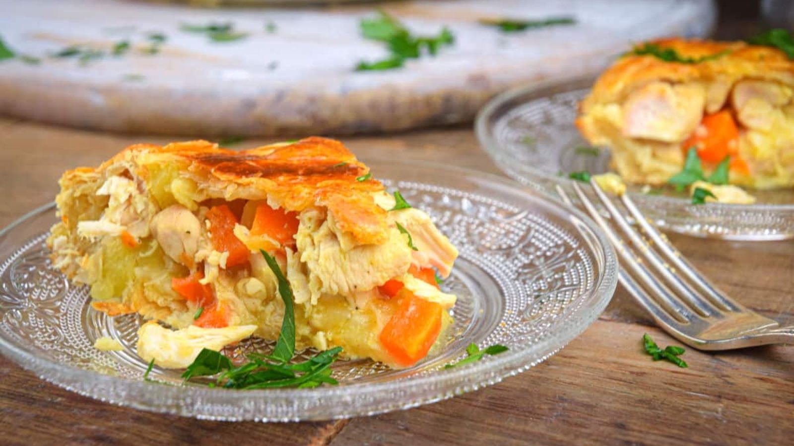Chicken pie on a plate.