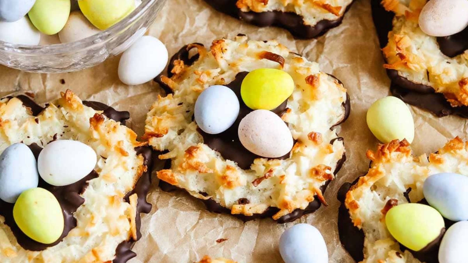 Chocolate macaroon nests with coconut.