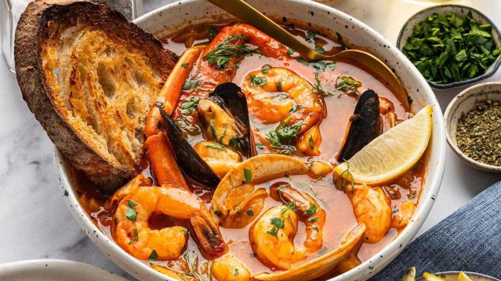 Seafood stew in a bowl.