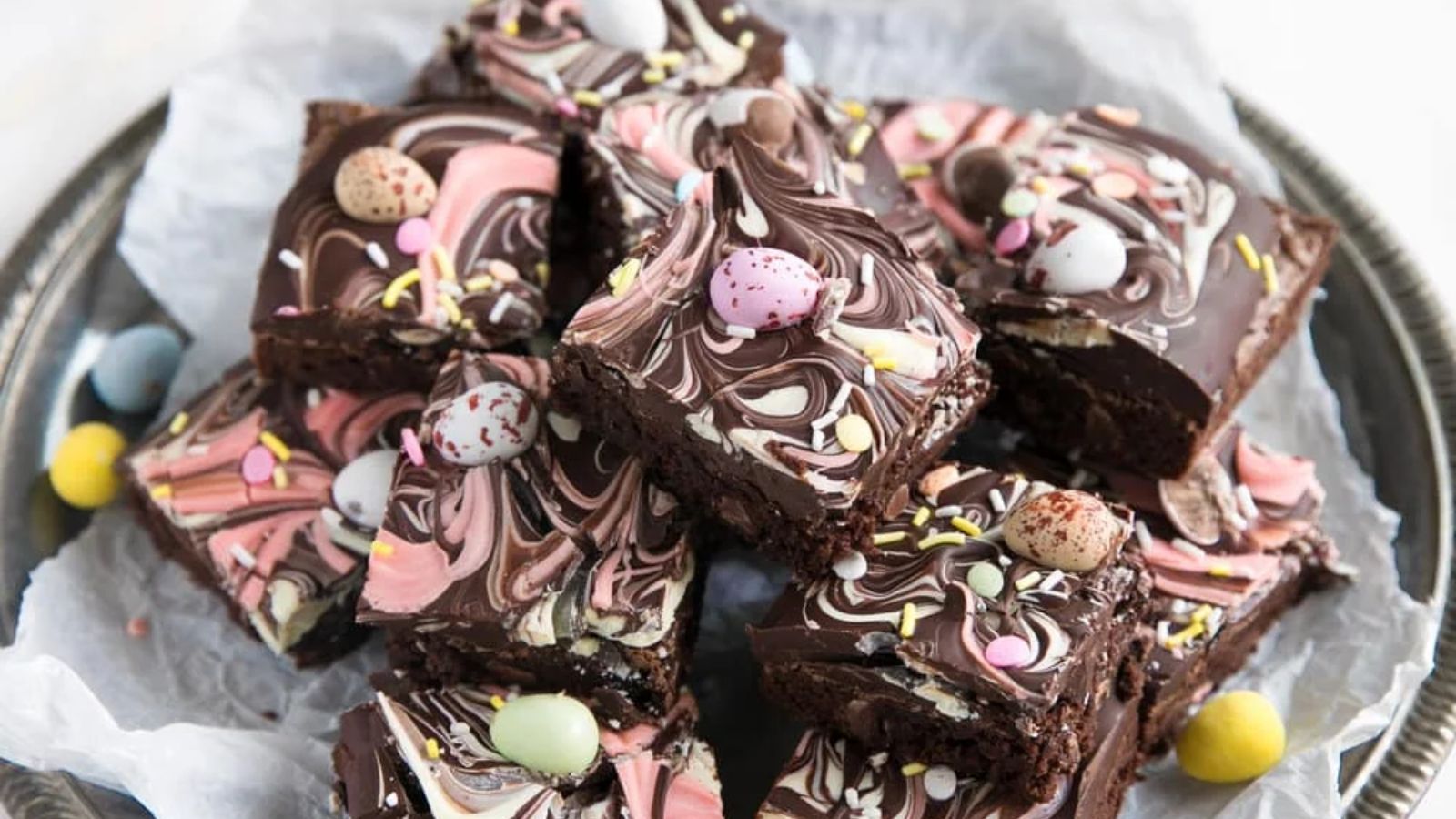 Easter brownies on a plate.