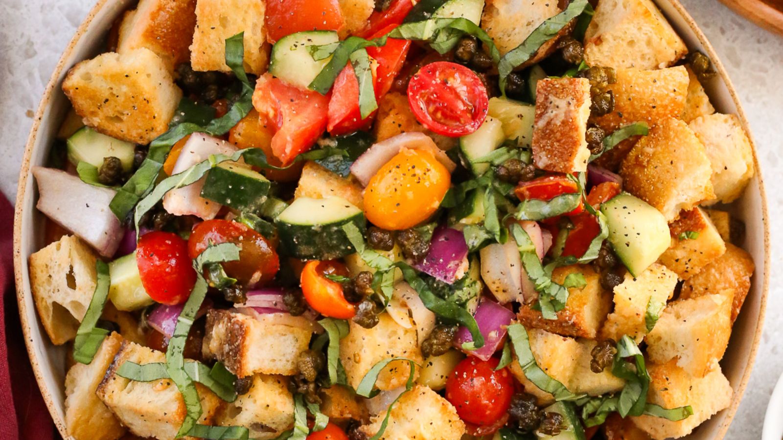 Panzanella salad in a bowl.