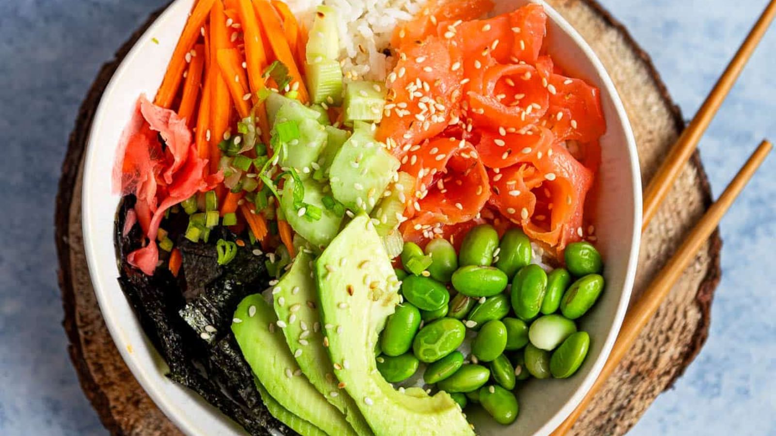 Salmon poke in a bowl.