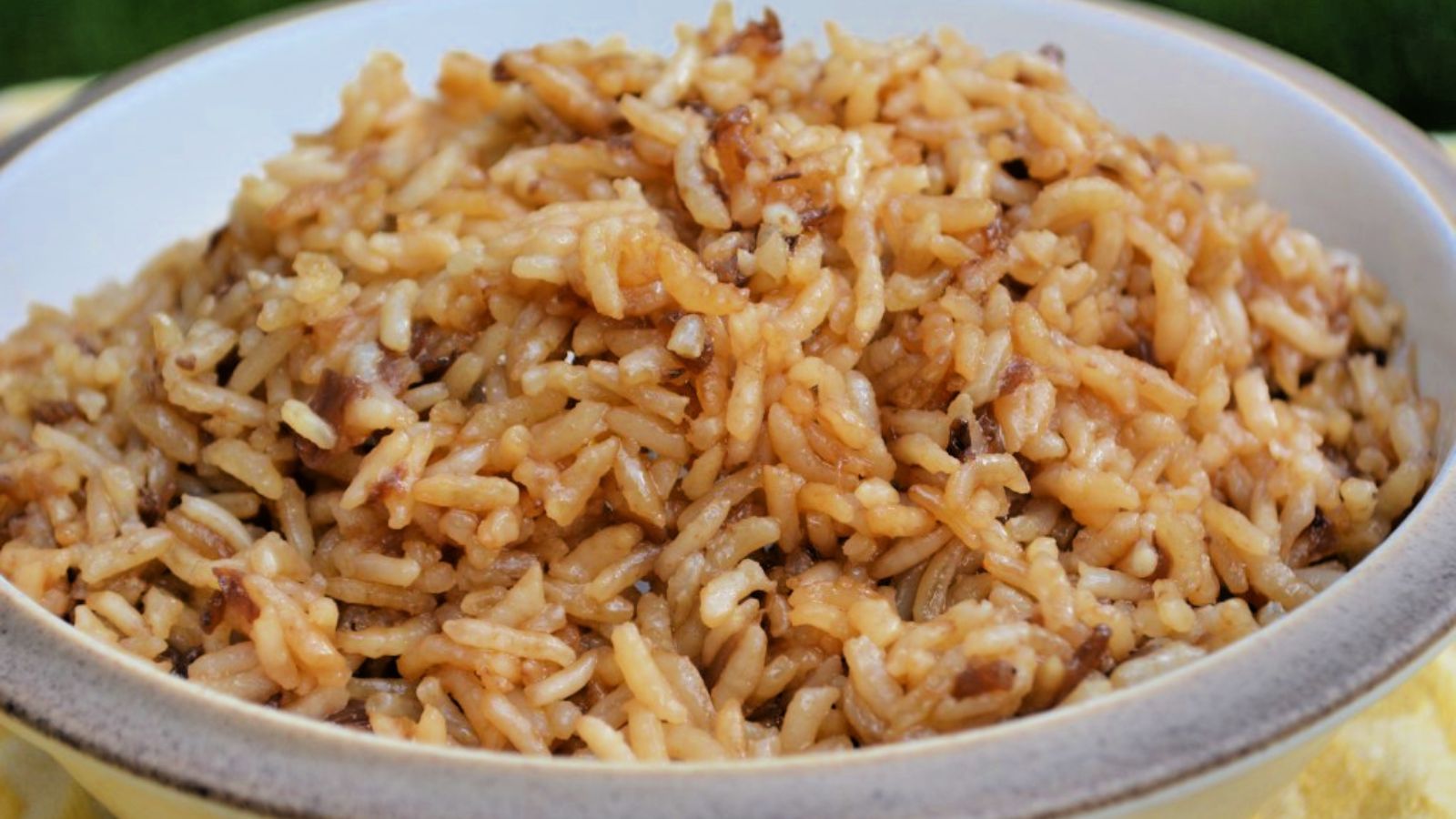 French onion soup rice in a bowl.