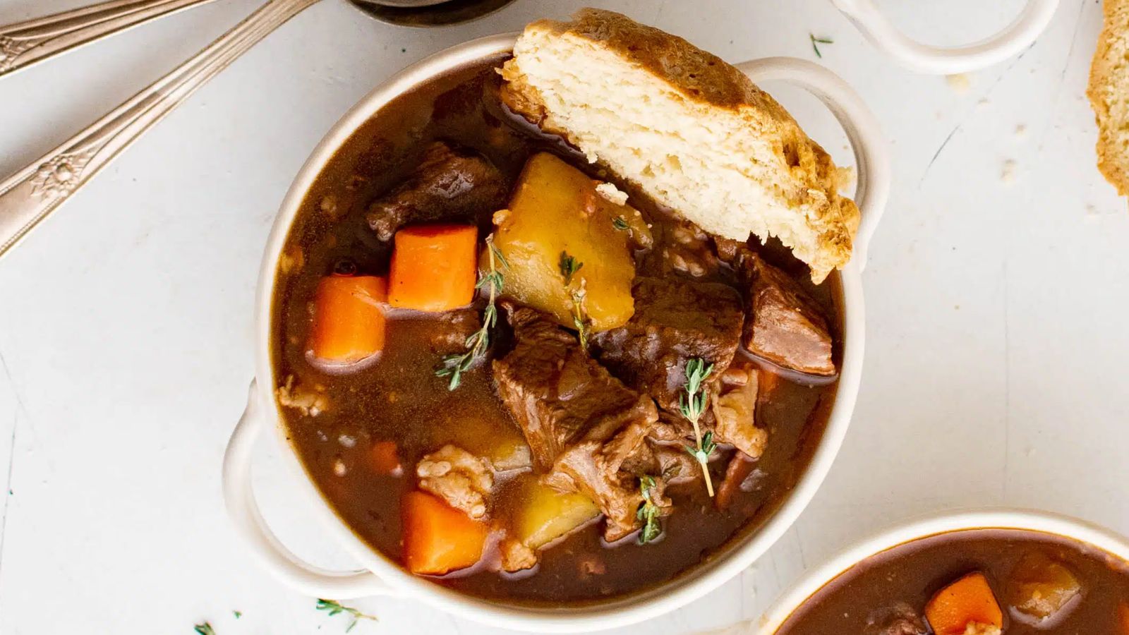 Beef stew in a bowl.