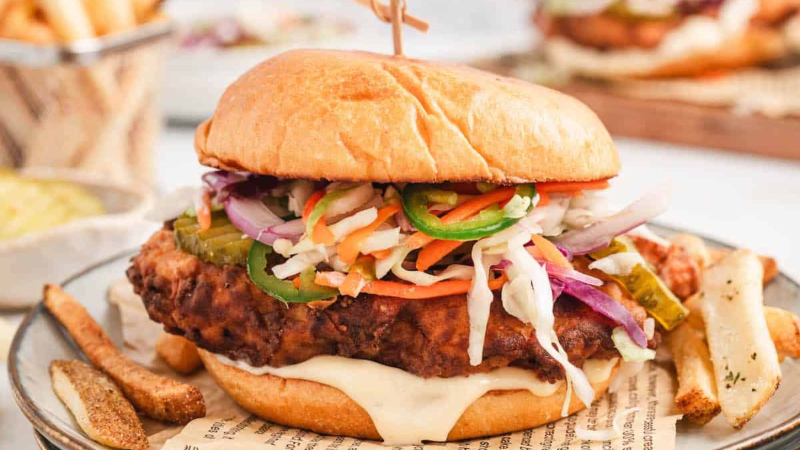 Fried chicken sandwich on a plate.