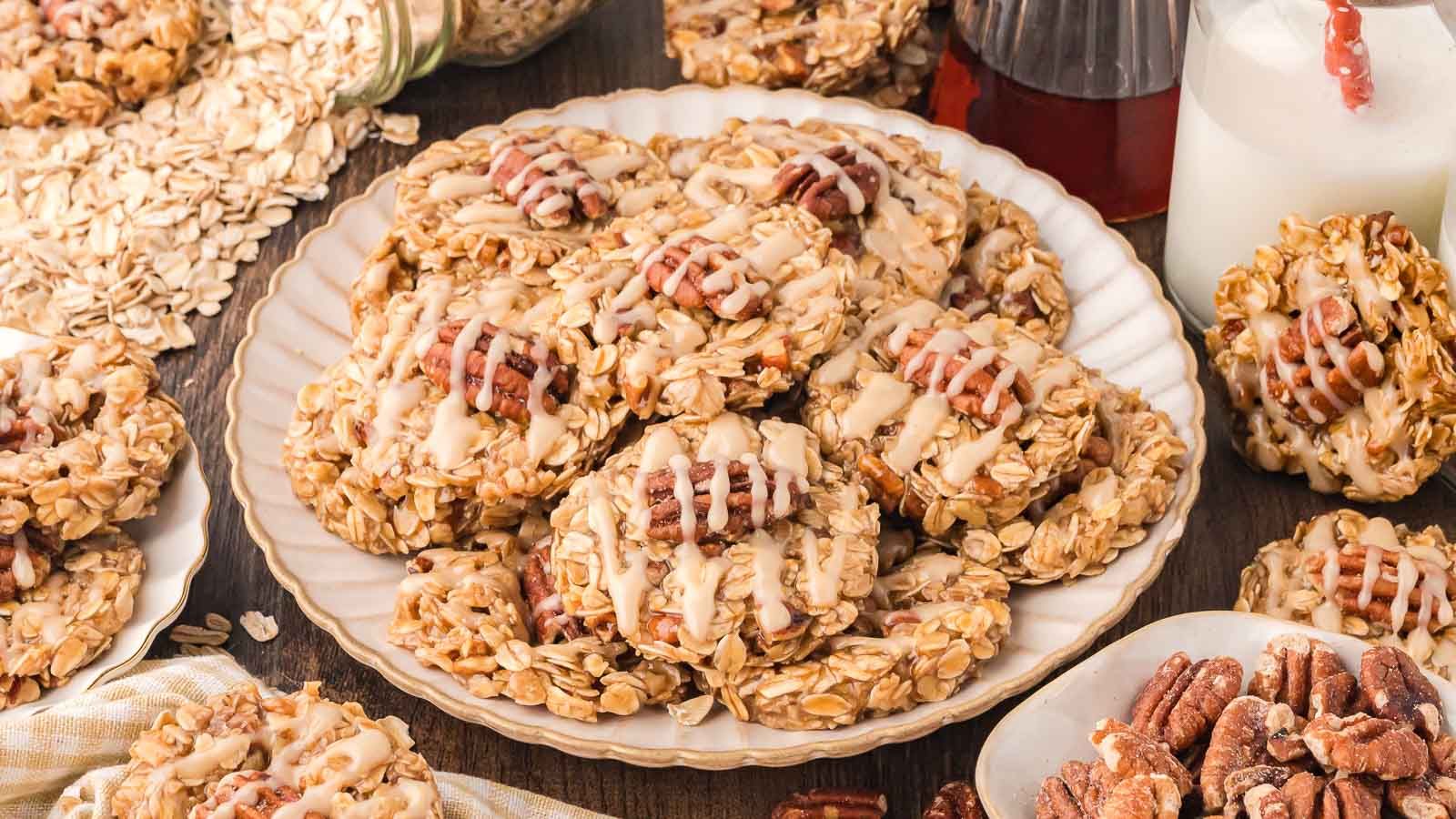Cookies with pecans on a plate.