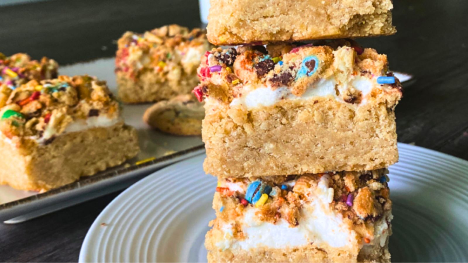 Stack of marshmallow cookie bars.