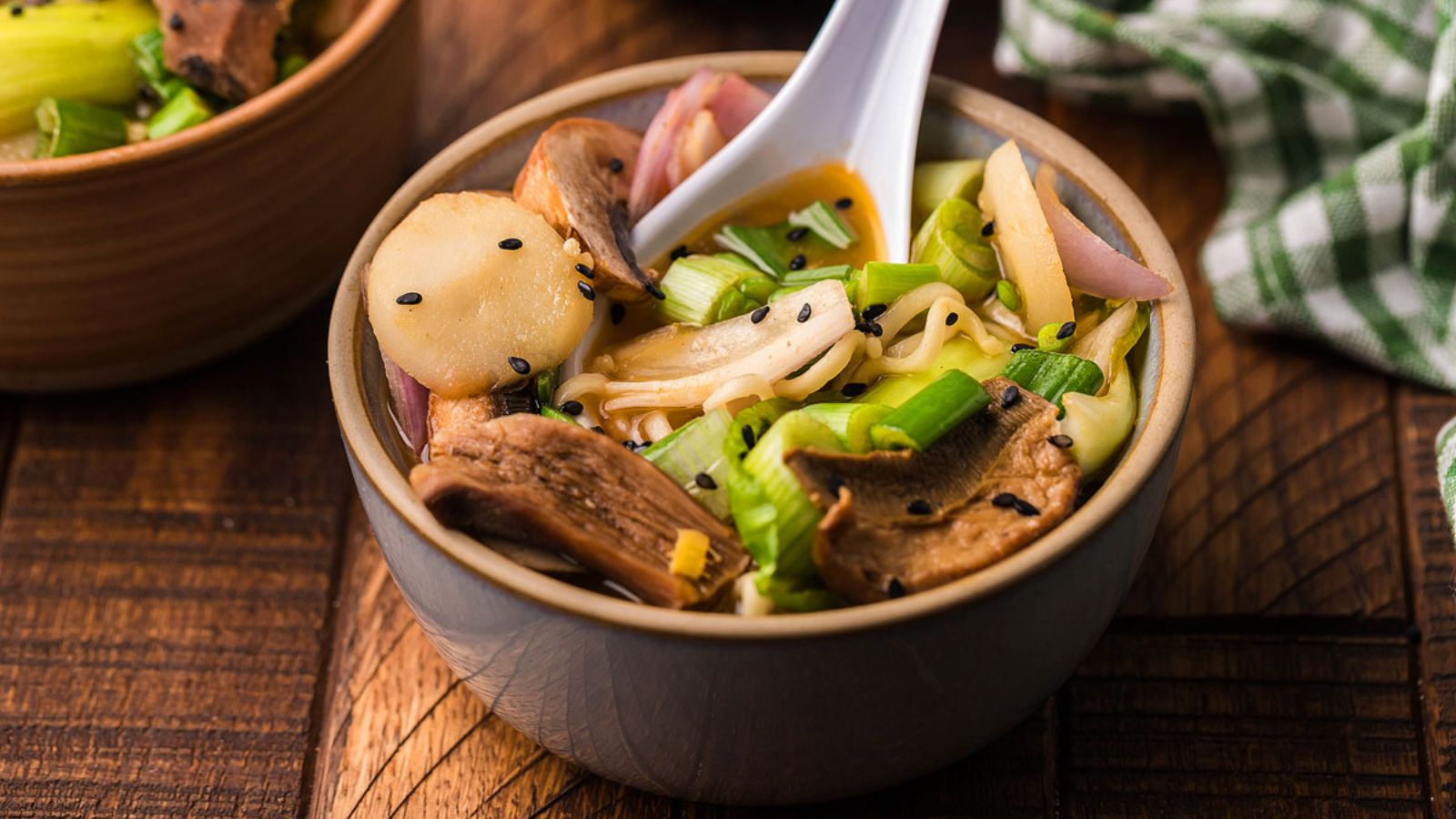 Miso mushroom ramen in a bowl.