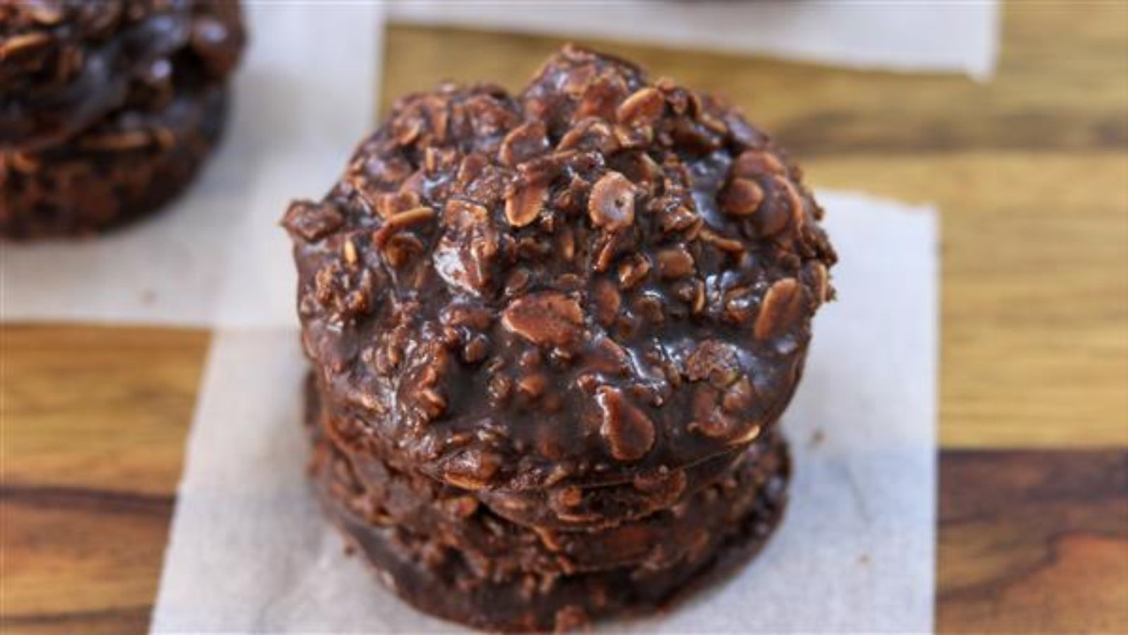 Stack of chocolate oatmeal cookies.