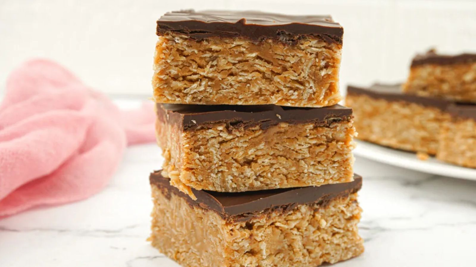 Stack of peanut butter oat bars.