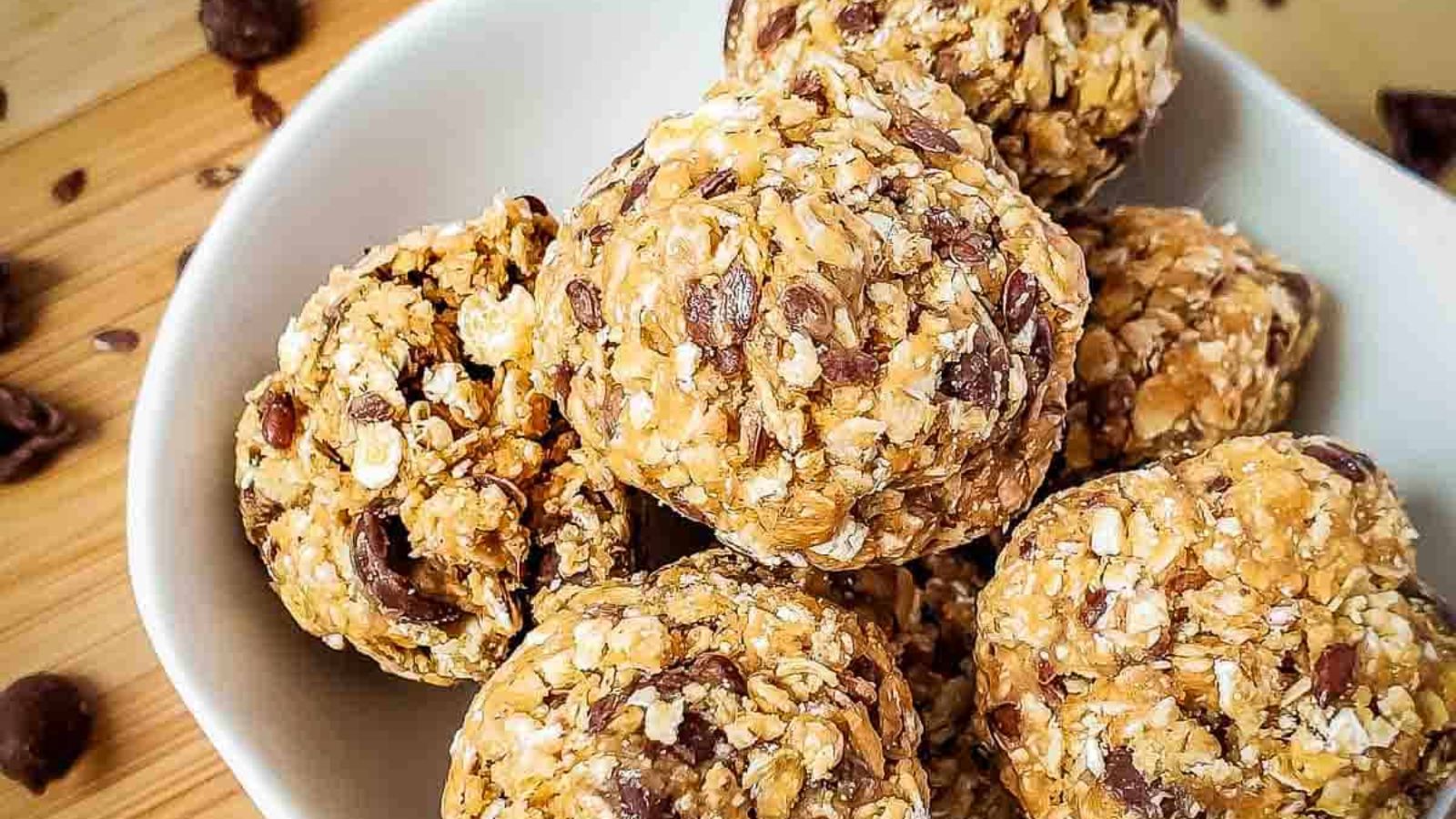 Peanut butter oatmeal balls in a bowl.