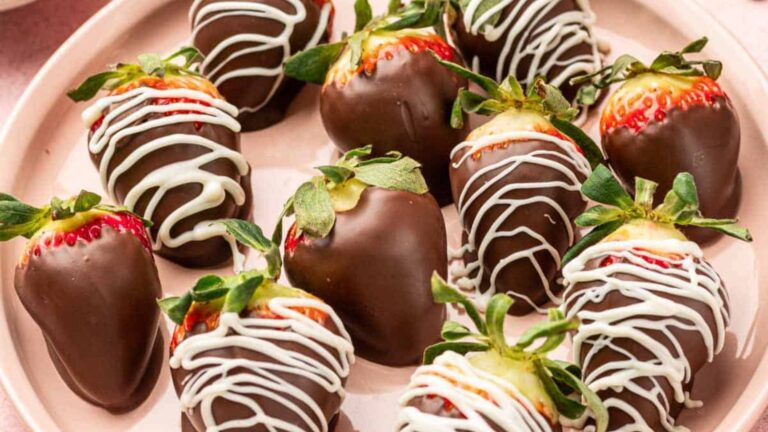 Strawberries covered in chocolate.