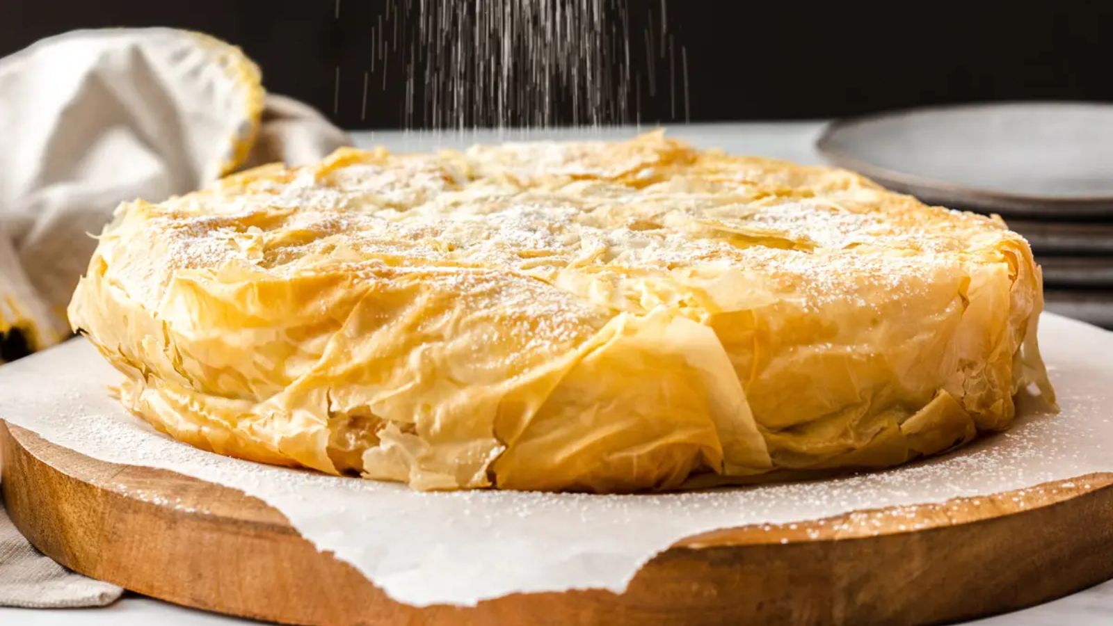 Chicken pie on a wooden board.