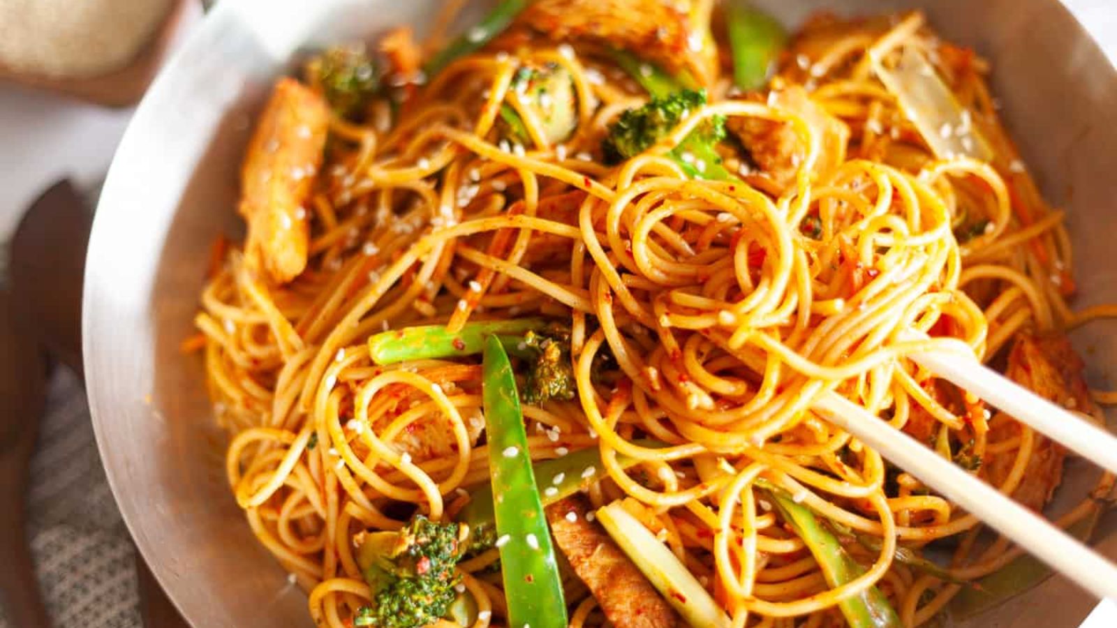 Noodles in a bowl.