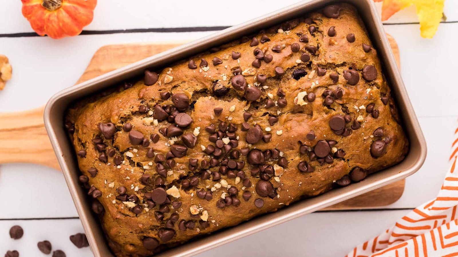Pumpkin bread with chocolate chips.