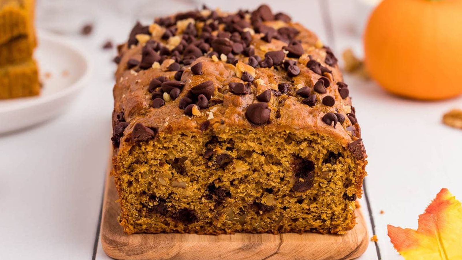 Pumpkin bread with chocolate chips.
