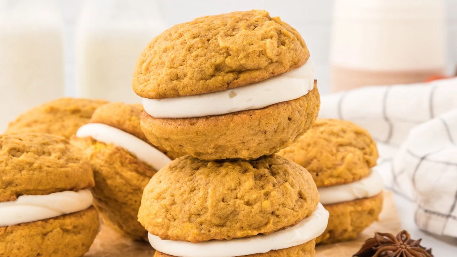 Pumpkin whoopie pies close up shot.