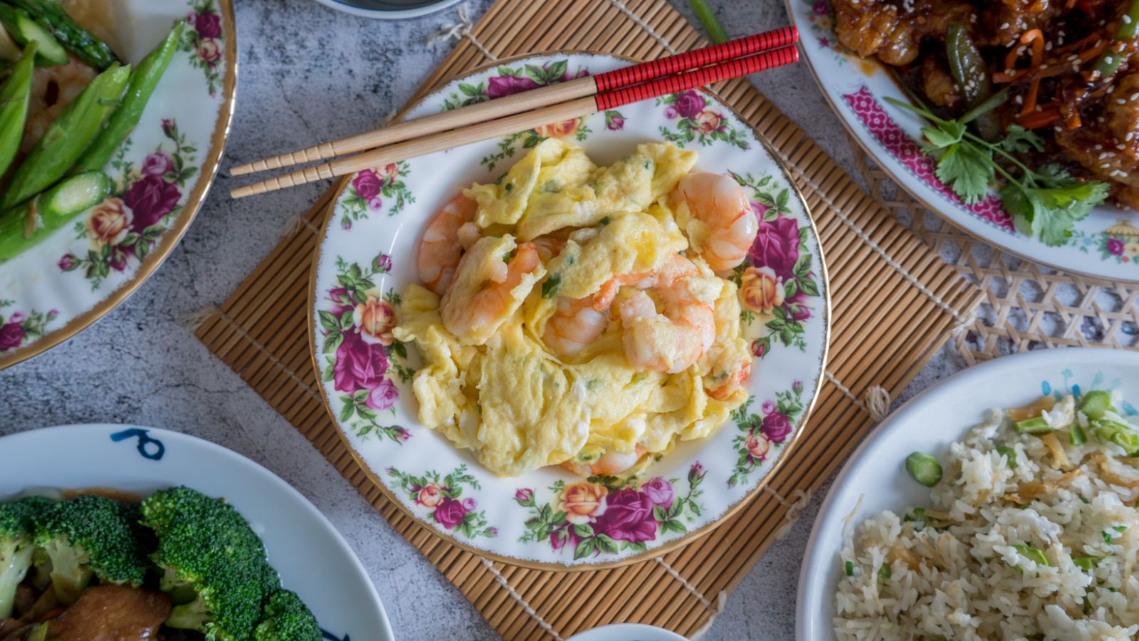 Egg and prawn stir fry on a plate.