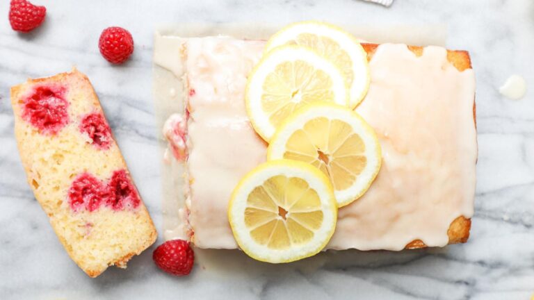 Lemon loaf with raspberries.