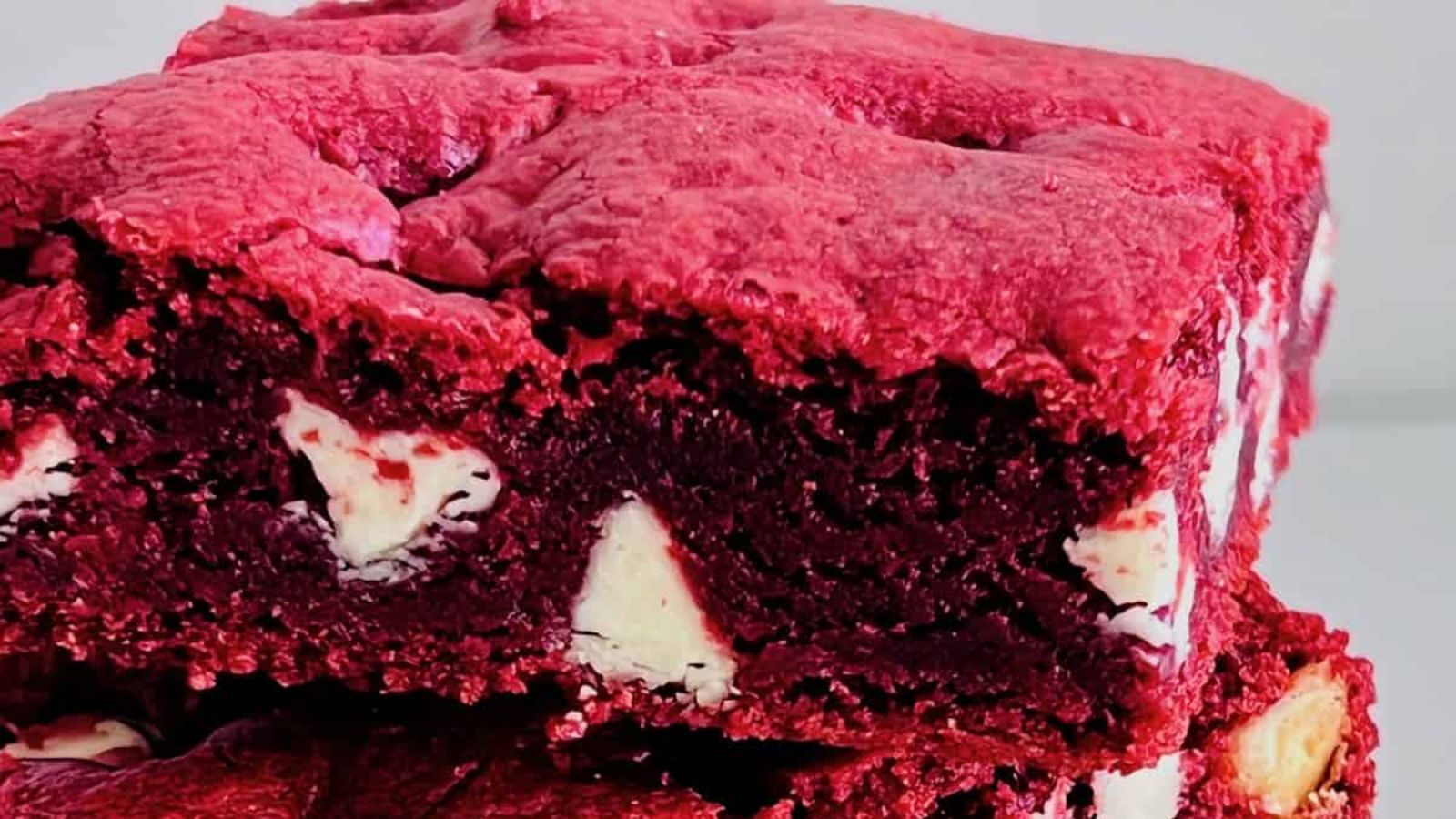 Red velvet brownie with white chocolate chips.