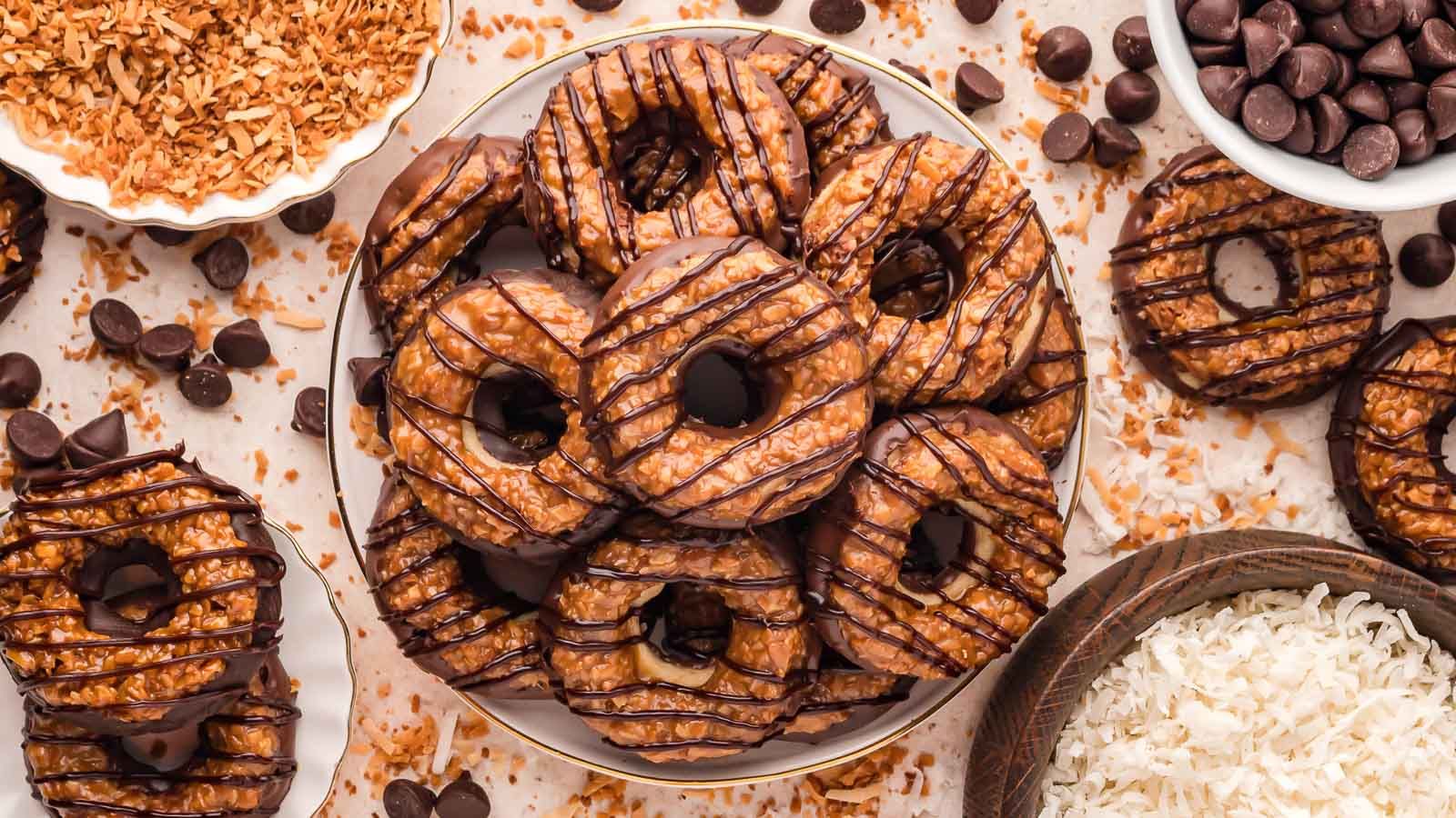 Samoas cookies on a plate.