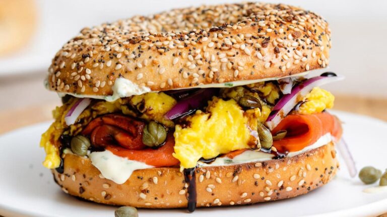 Salmon egg sandwich on a plate.