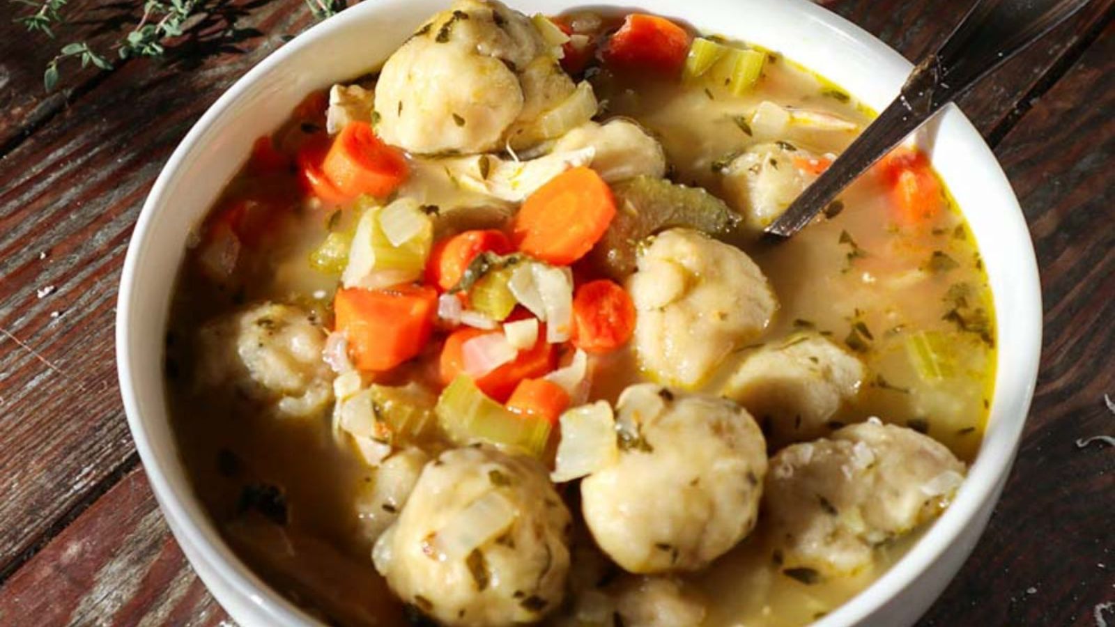 Chicken and dumplings soup in a bowl.