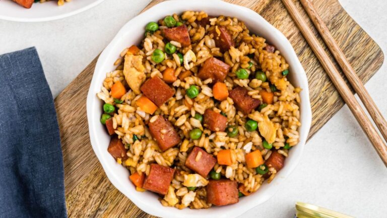 Spam fried rice in a bowl.