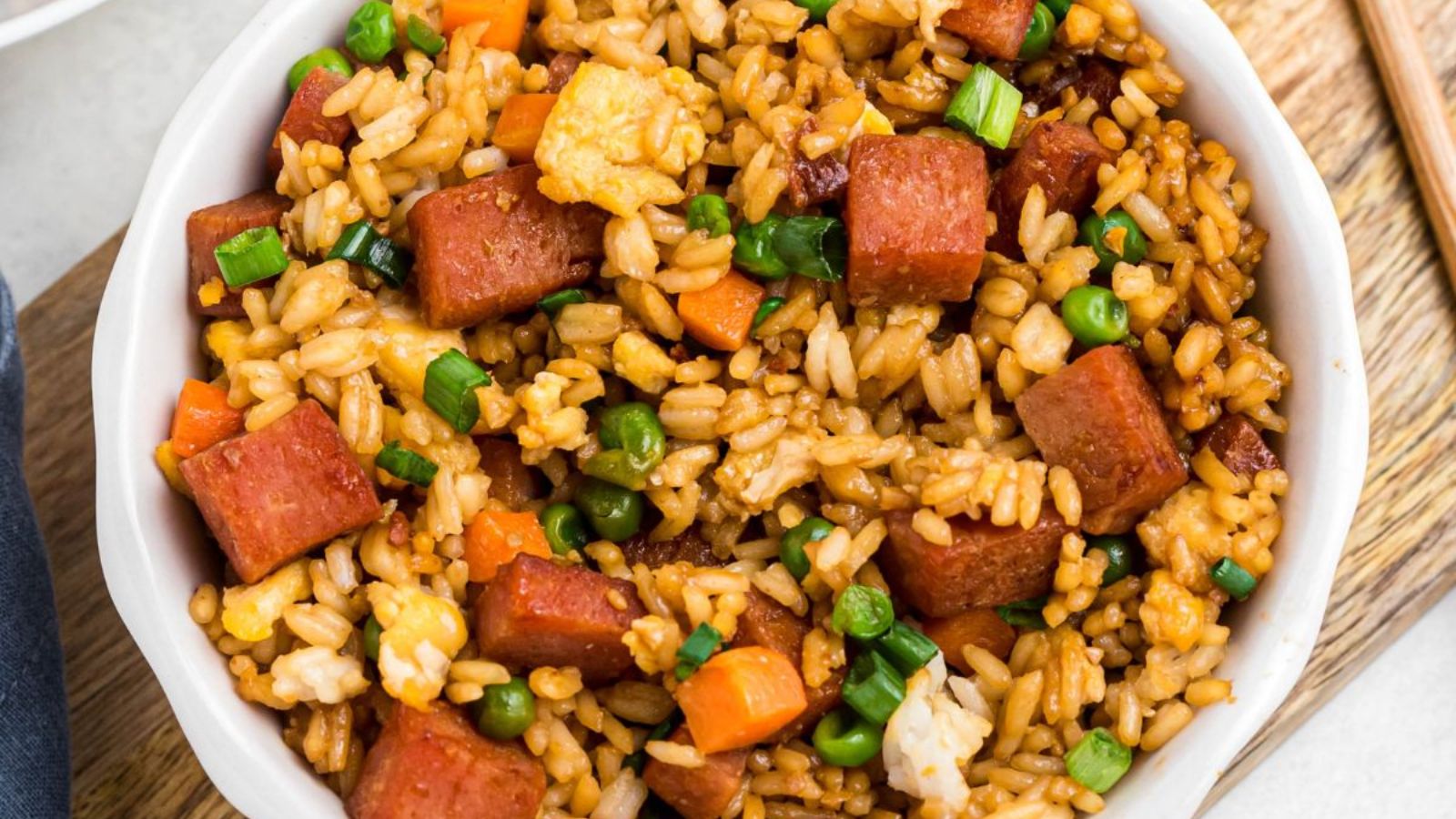 Spam fried rice in a bowl.