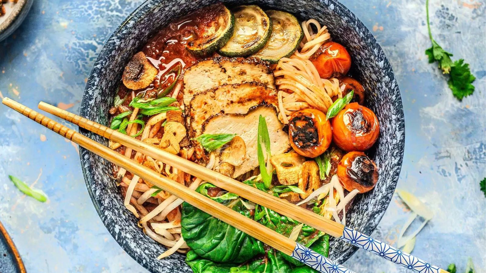 Tomato ramen in a bowl.