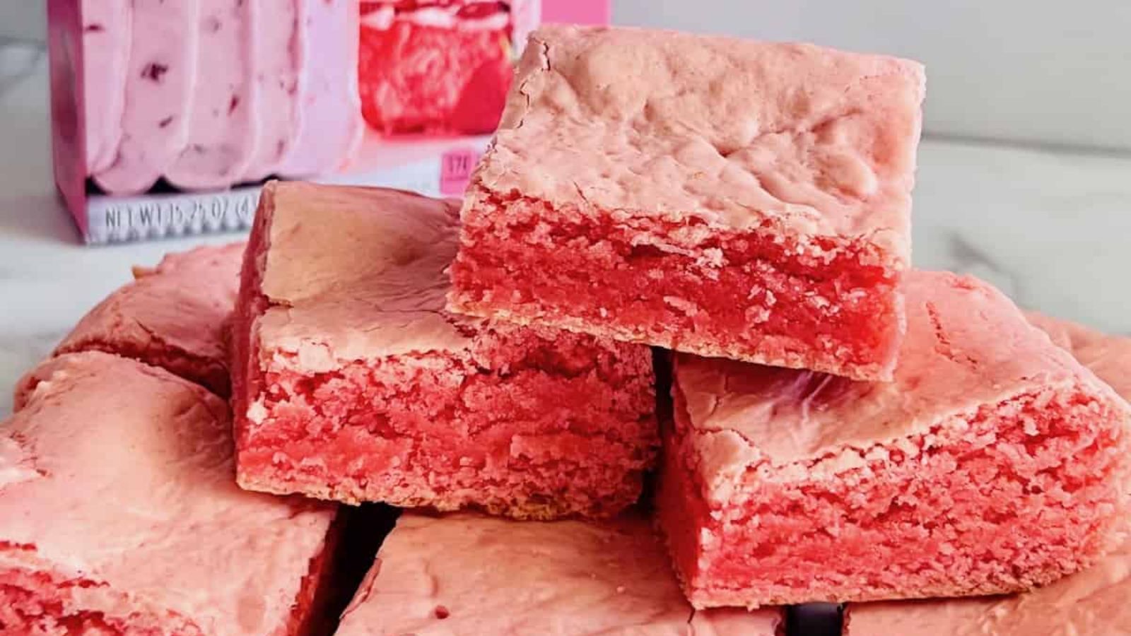 A stack of strawberry brownies.