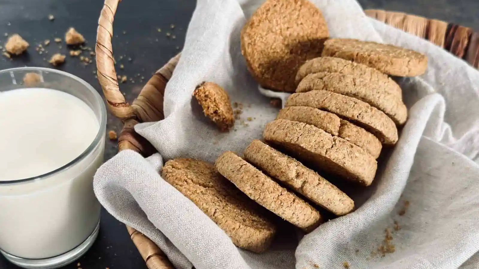 Almond and rye cookies in a basket.