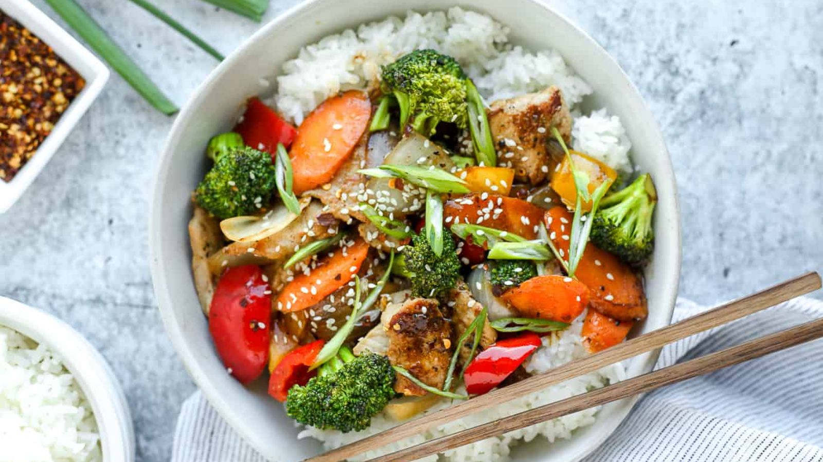 Pork stir fry in a bowl.