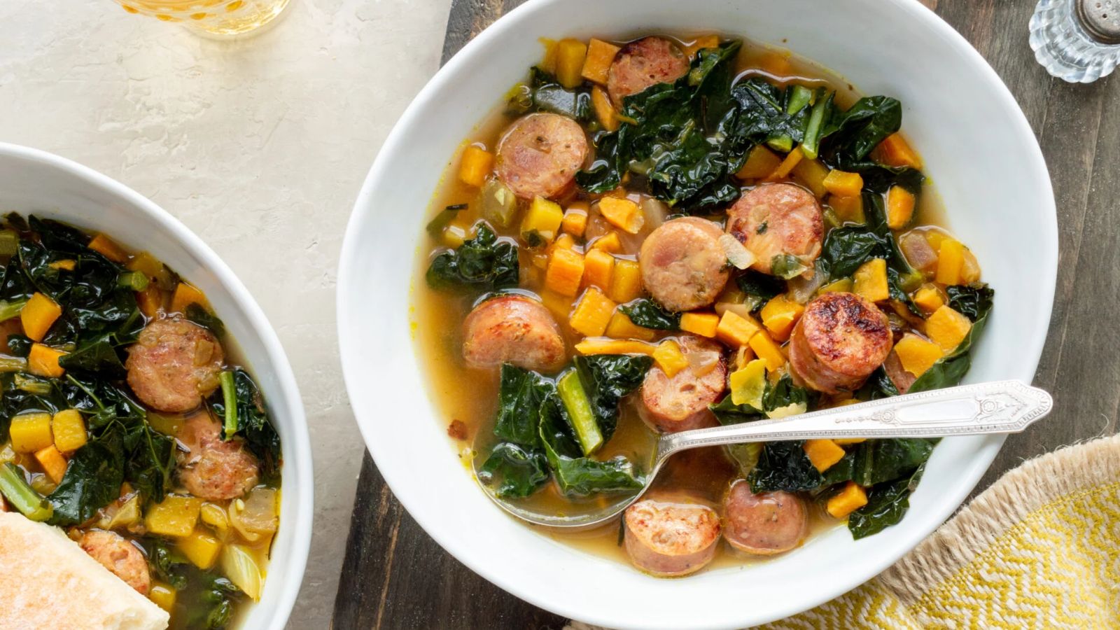 Vegetable hash and sausage stew in a bowl.