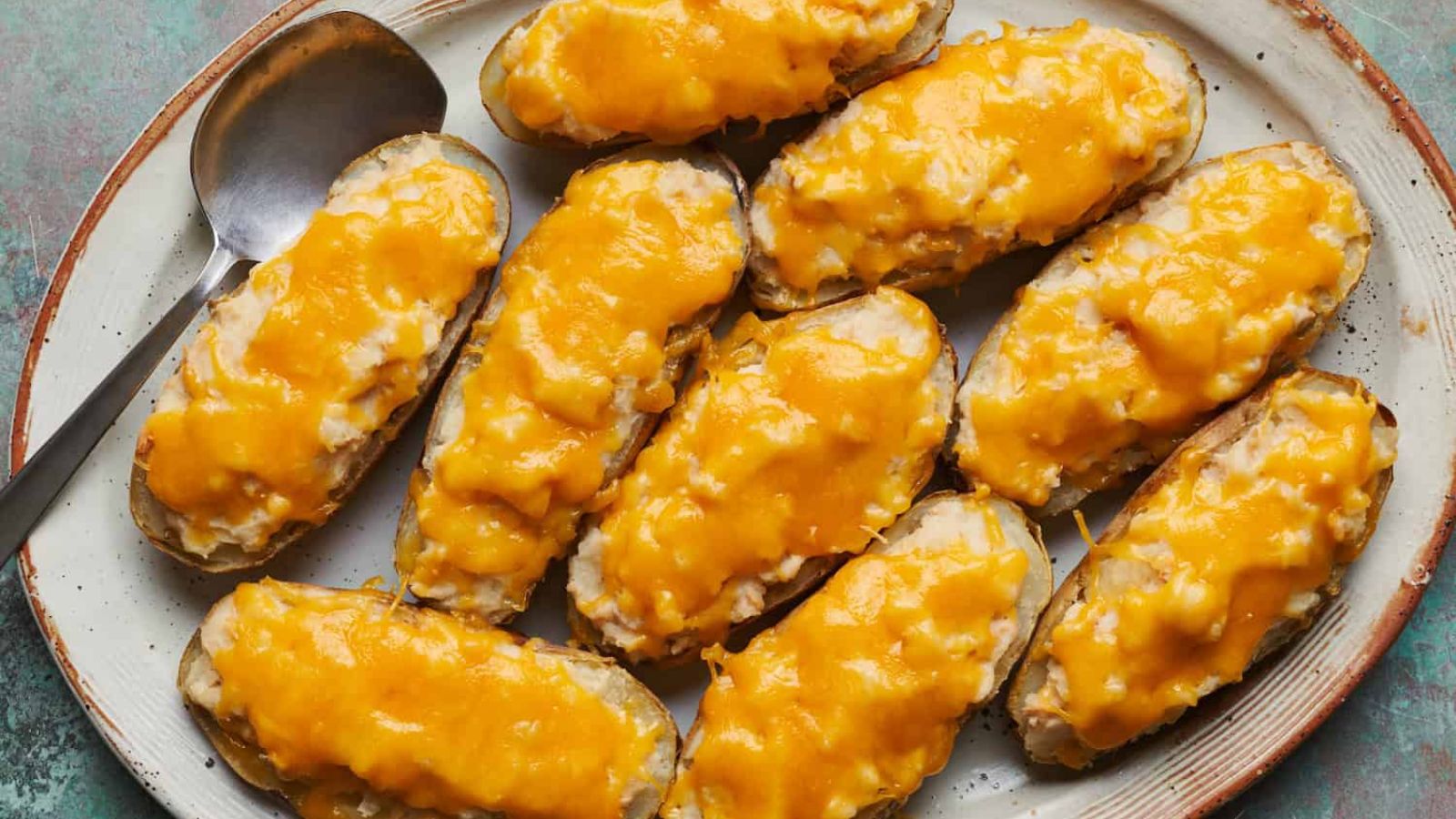 Baked potatoes on a plate.