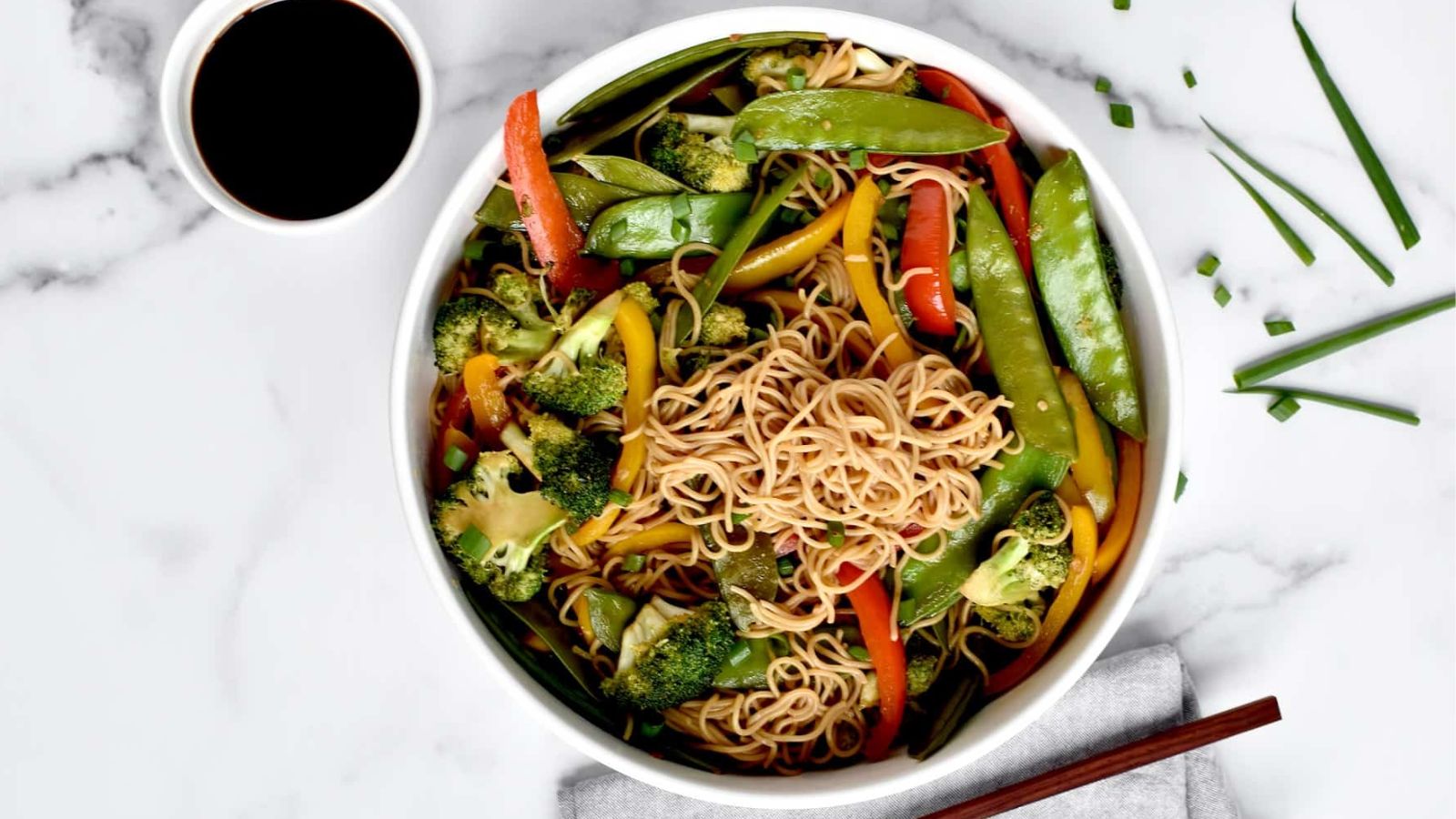 Brown rice ramen stir fry in a bowl.
