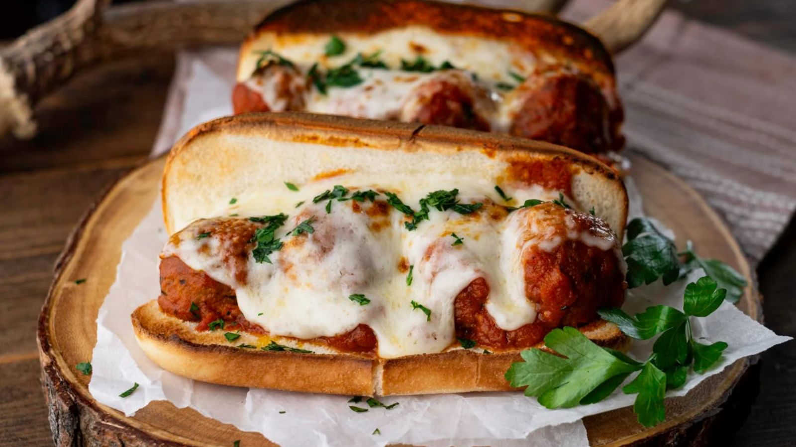 Meatball subs on a plate.