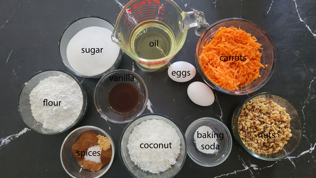 Ingredients for carrot cake bread. See details in recipe below.