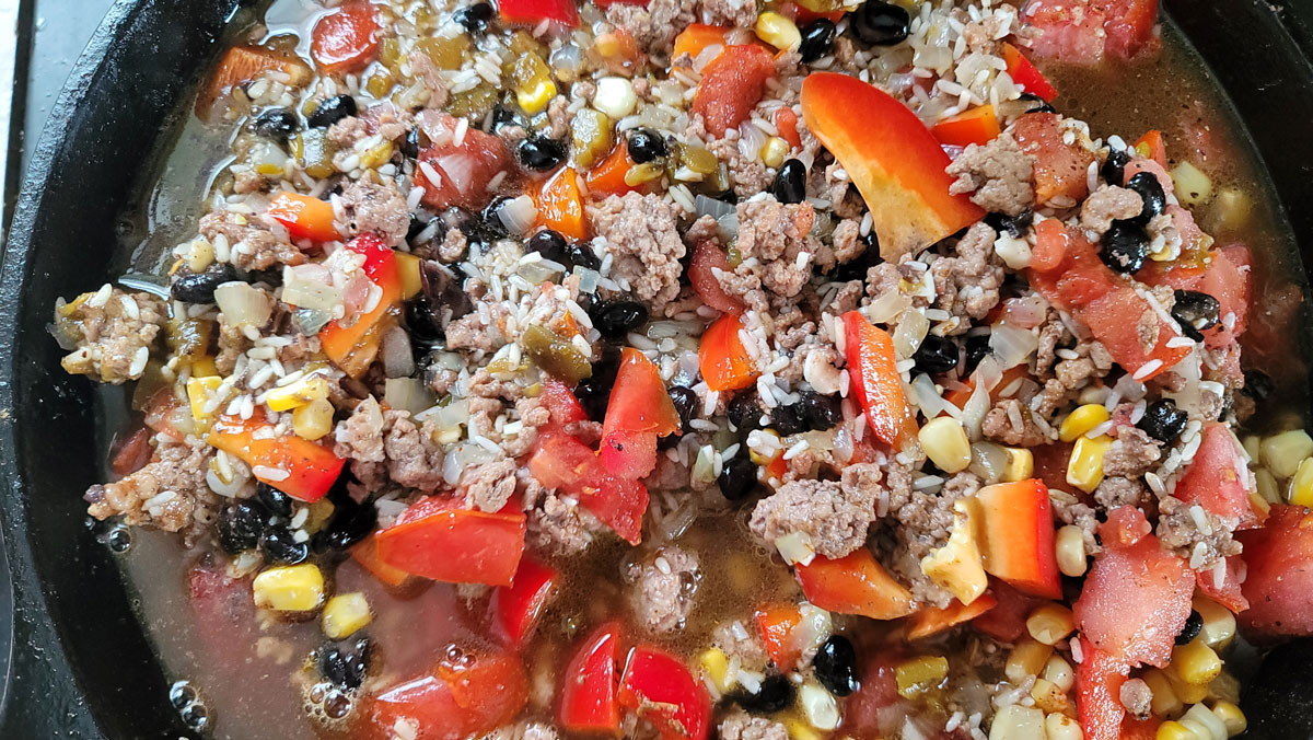 Ingredients mixed up in skillet and liquid added.