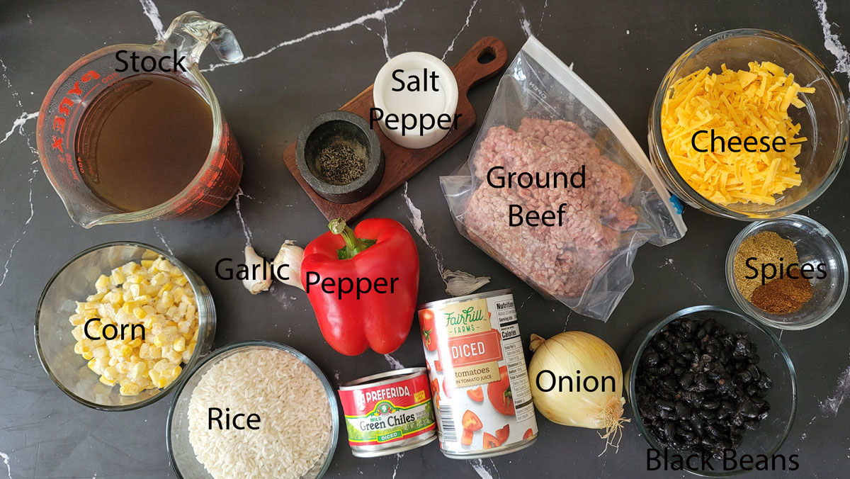 Ingredients for Mexican beef and rice. See details in the recipe below.