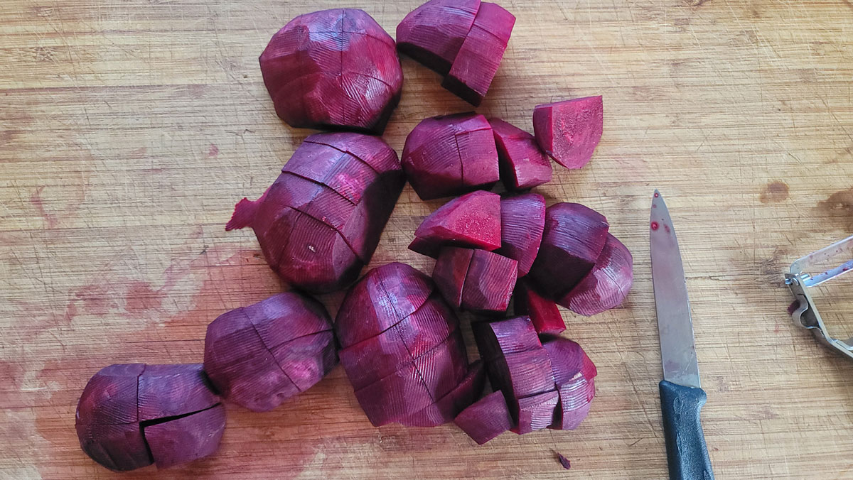 Beets cut up in bite-sized pieces.