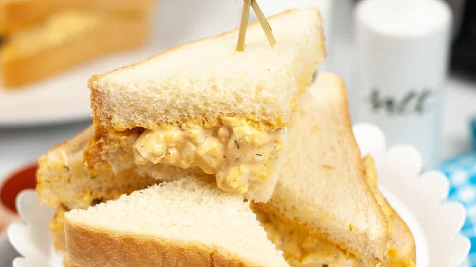 Egg sandwich close up shot.