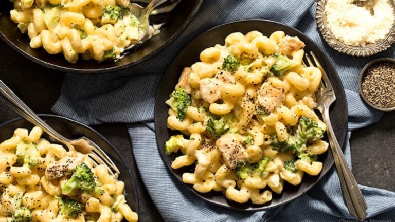 Mac and cheese on a plate.