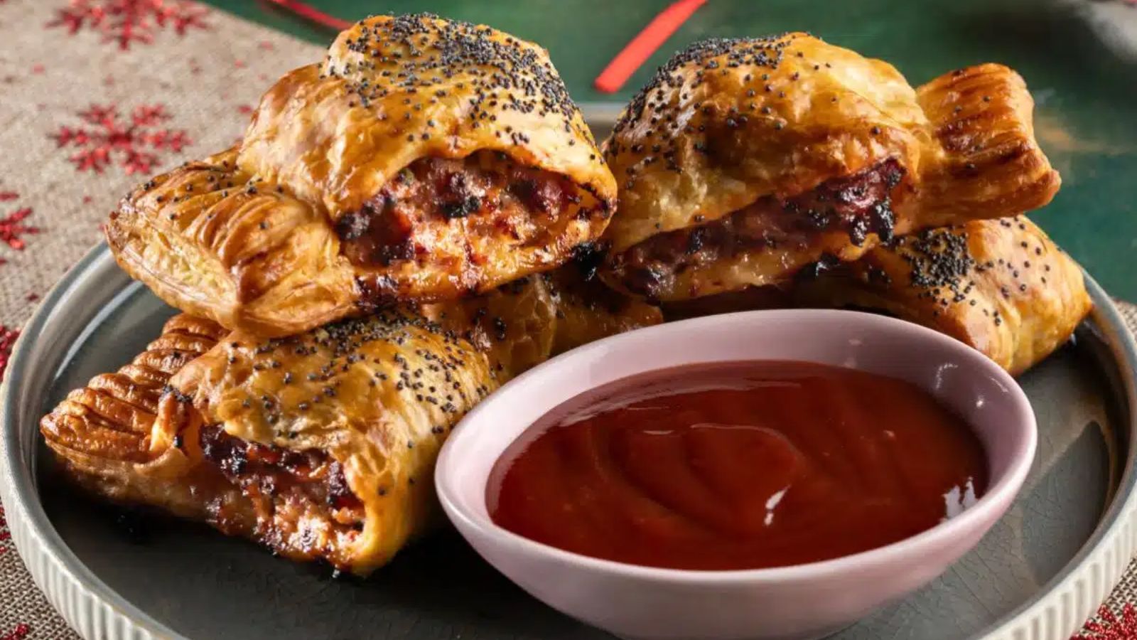 Apple sausage rolls with dip.