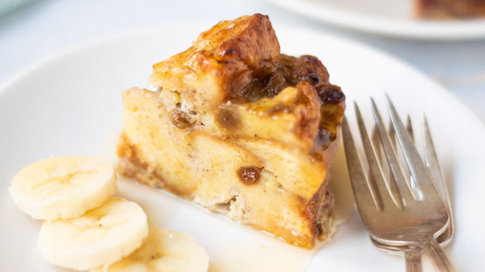 Banana bread pudding on a plate.