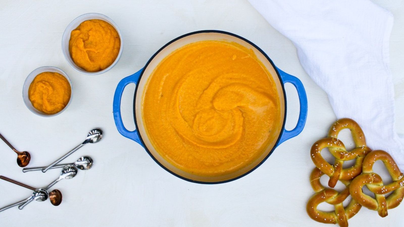 Beer cheese soup in a pot.