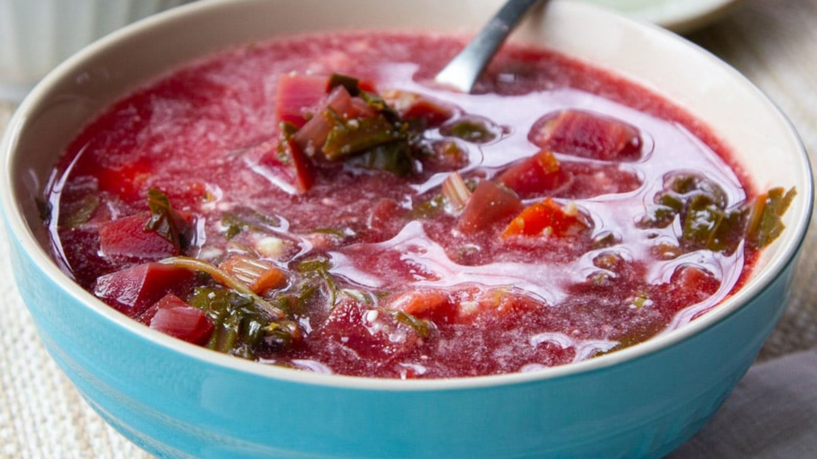 Beet soup in a bowl.
